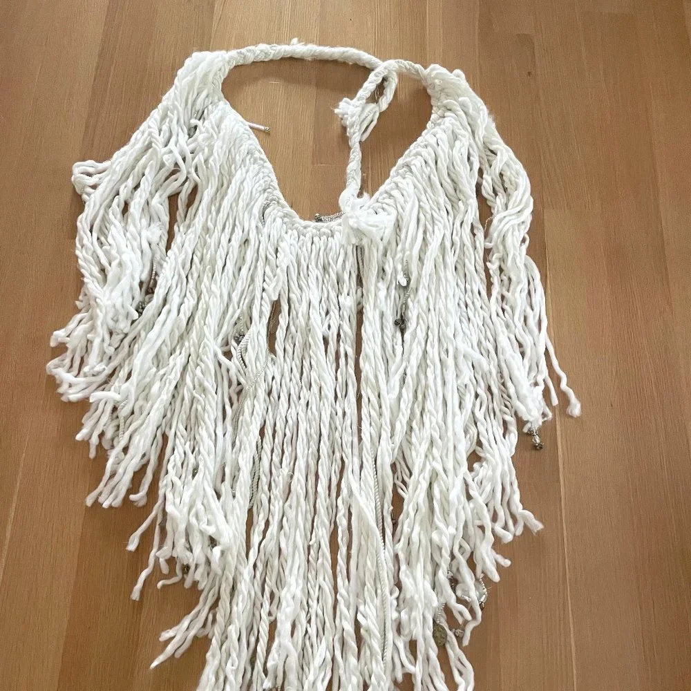 Anthropologie Braided Fringe Garland Ivory Yarn with Beads Charms & Little Bells